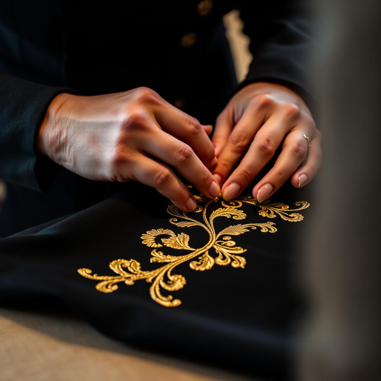 Hands embroidering gold thread on black fabric in the Bigangel atelier